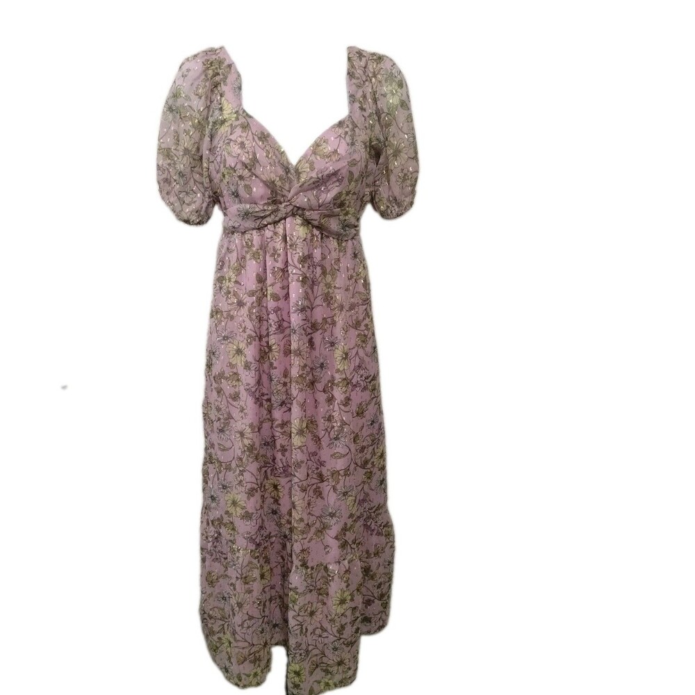 Loft Women's Midi Dress Sz 2P Lilac Floral Smock Metallic Lined Cottage Core